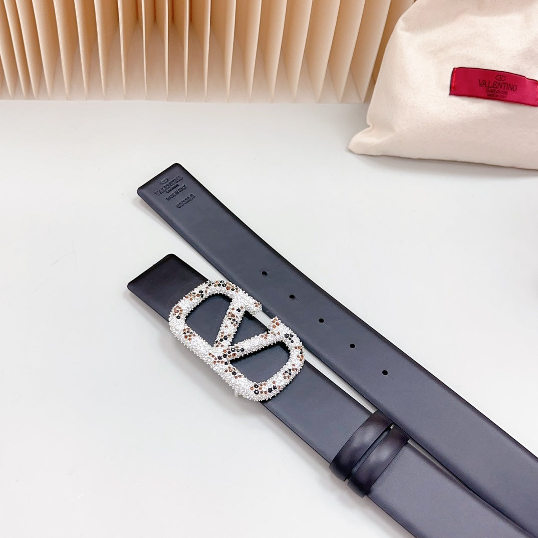 Vlogo Brown Black White Stone Silver Buckle Belt 40mm Black Leather - 30