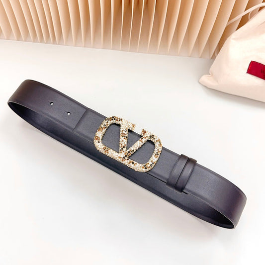 Vlogo Brown Black White Stone Gold Buckle Belt 40mm Black Leather - 30