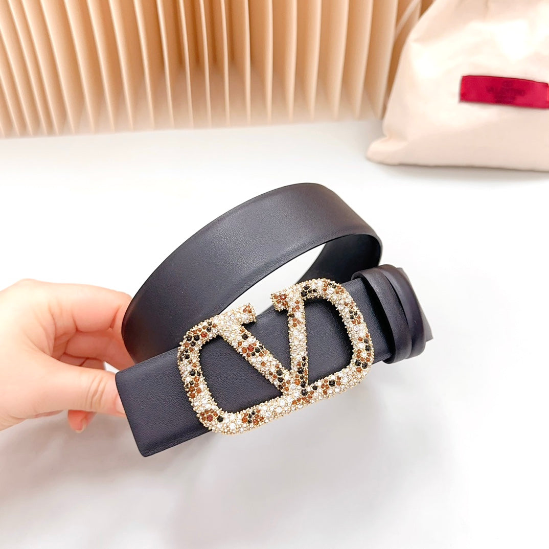 Vlogo Brown Black White Stone Gold Buckle Belt 40mm Black Leather - 30