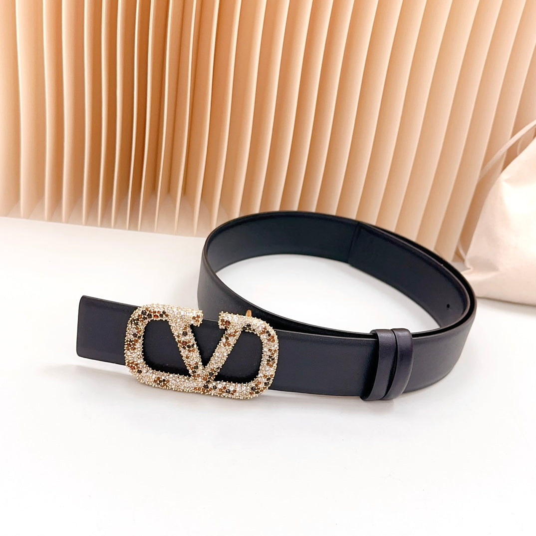 Vlogo Brown Black White Stone Gold Buckle Belt 40mm Black Leather - 30