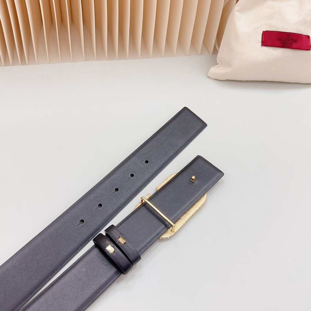 Vlogo Brown Black White Stone Gold Buckle Belt 40mm Black Leather - 30