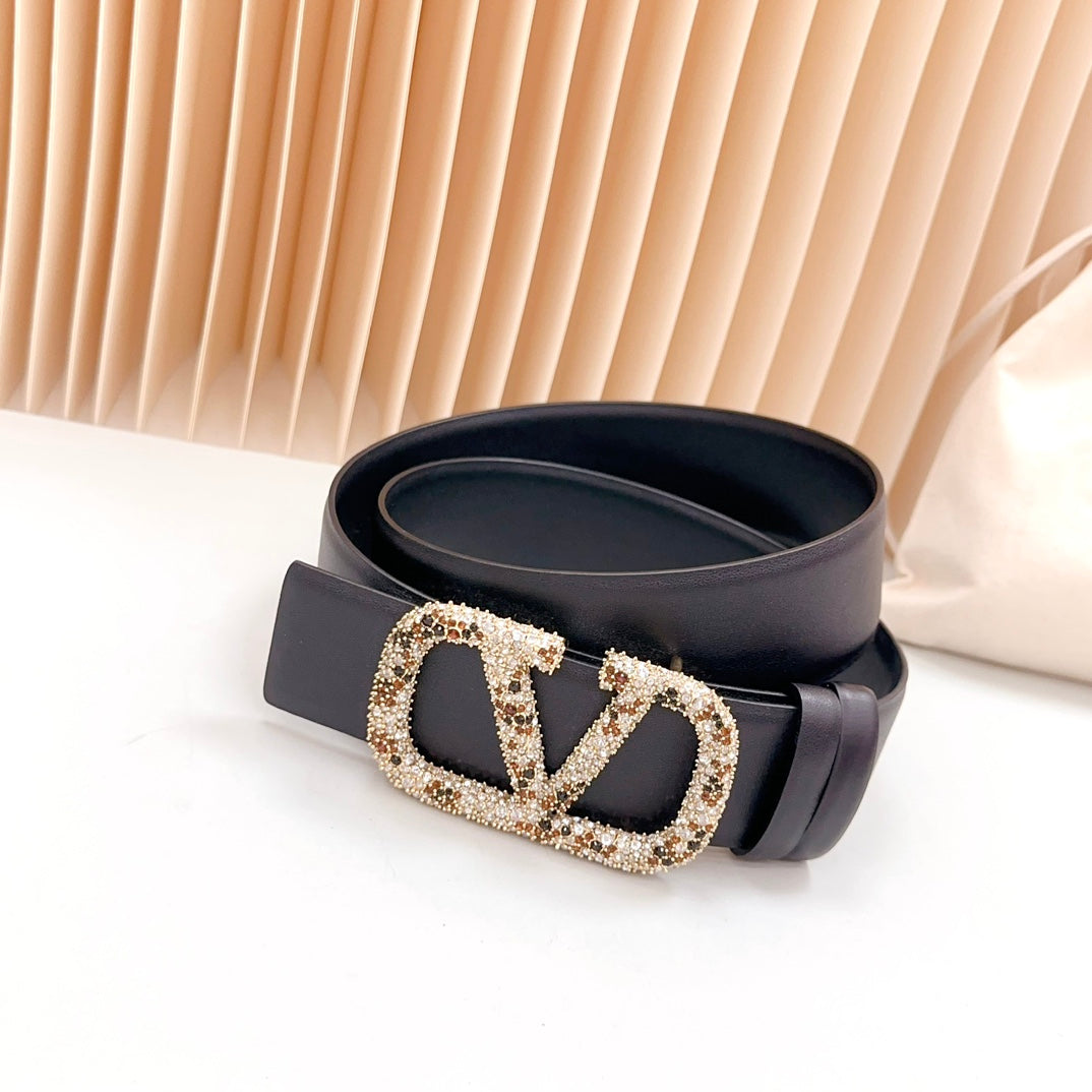 Vlogo Brown Black White Stone Gold Buckle Belt 40mm Black Leather - 30