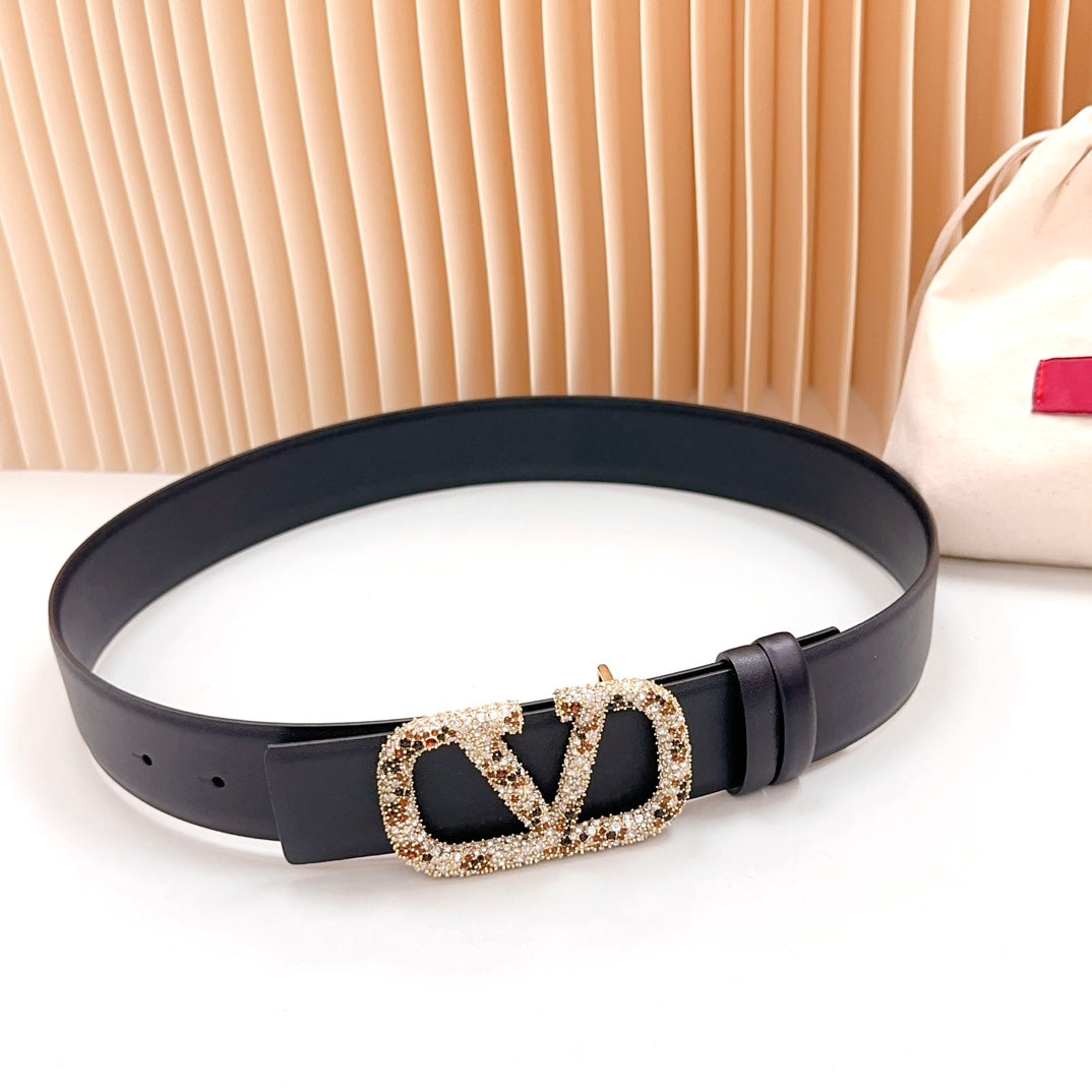Vlogo Brown Black White Stone Gold Buckle Belt 40mm Black Leather - 30