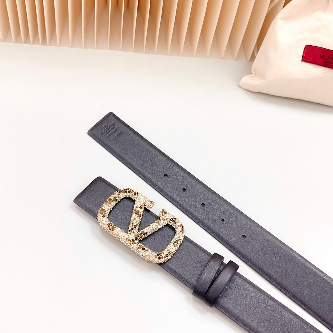Vlogo Brown Black White Stone Gold Buckle Belt 40mm Black Leather - 30