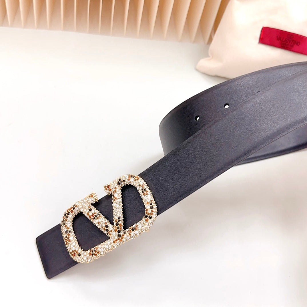 Vlogo Brown Black White Stone Gold Buckle Belt 40mm Black Leather - 30