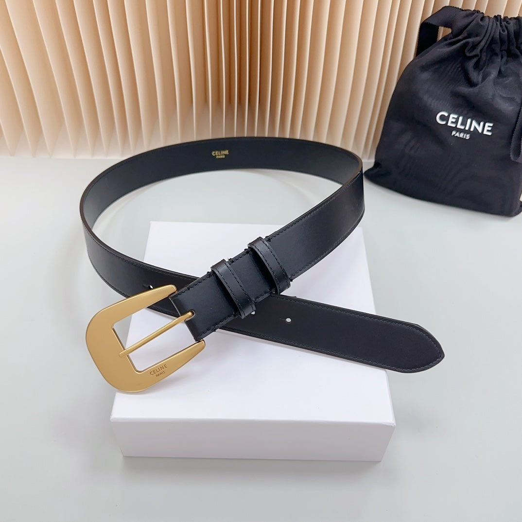 LARGE WESTERN 35 MM BELT BLACK CALFSKIN GOLD HARDWARE - 30