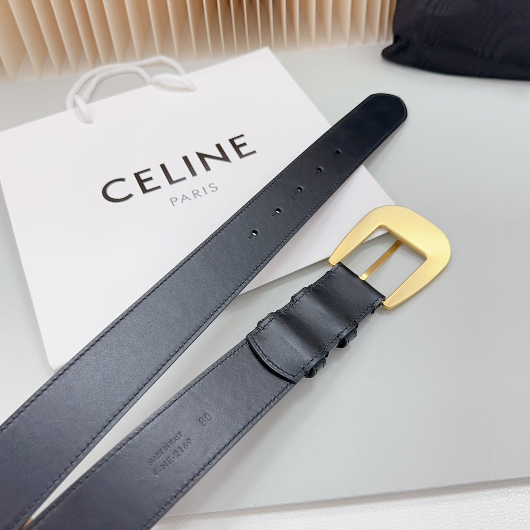 LARGE WESTERN 35 MM BELT BLACK CALFSKIN GOLD HARDWARE - 30