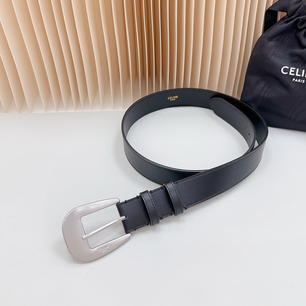 LARGE WESTERN 35 MM BELT BLACK CALFSKIN SILVER HARDWARE - 30