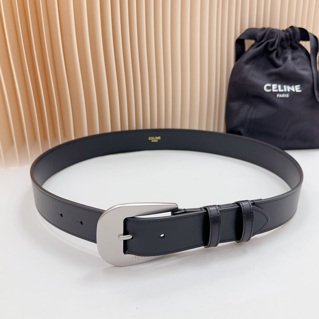 LARGE WESTERN 35 MM BELT BLACK CALFSKIN SILVER HARDWARE - 30