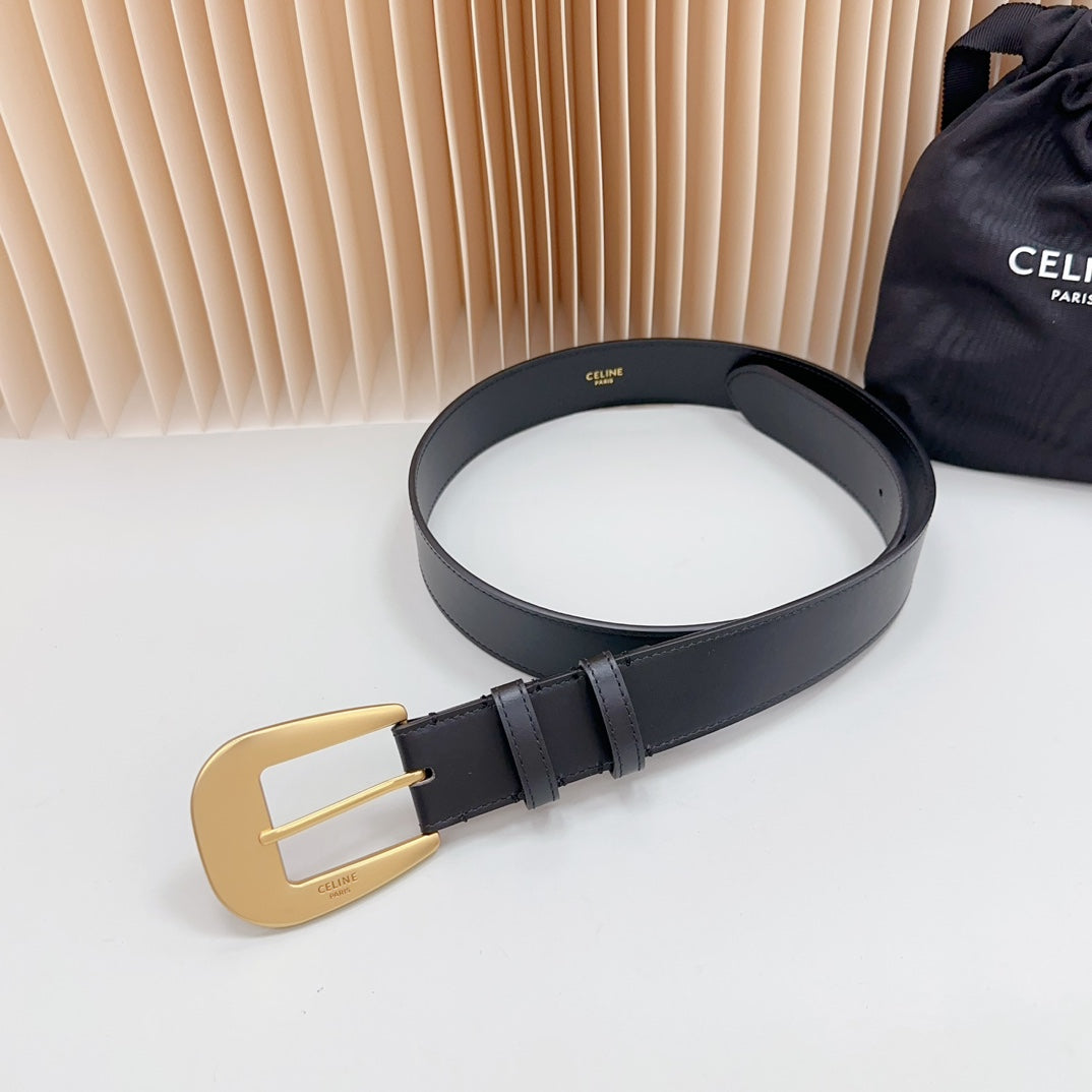 LARGE WESTERN 35 MM BELT BLACK CALFSKIN GOLD HARDWARE - 30