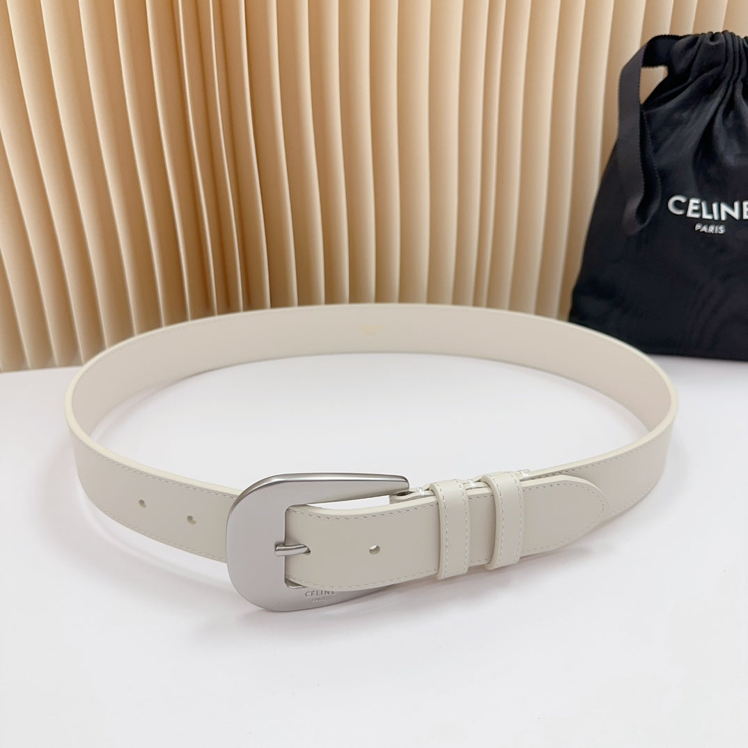 LARGE WESTERN 35 MM BELT WHITE CALFSKIN SILVER HARDWARE - 30