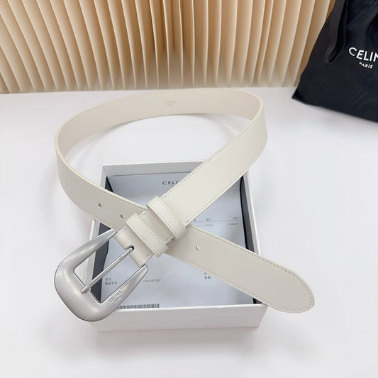 LARGE WESTERN 35 MM BELT WHITE CALFSKIN SILVER HARDWARE - 30