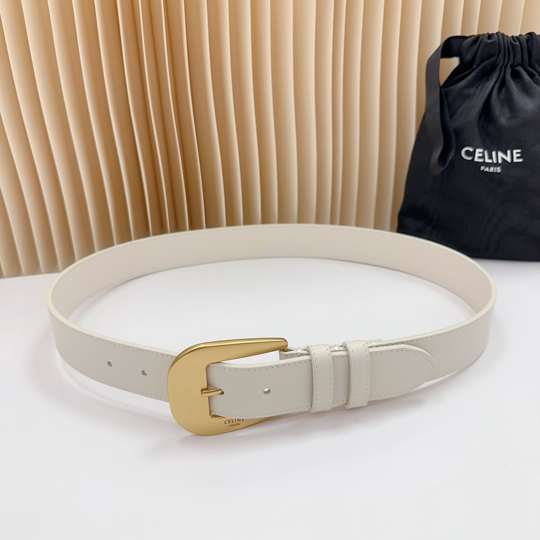LARGE WESTERN 35 MM BELT WHITE CALFSKIN GOLD HARDWARE - 30