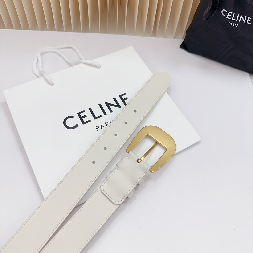 LARGE WESTERN 35 MM BELT WHITE CALFSKIN GOLD HARDWARE - 30