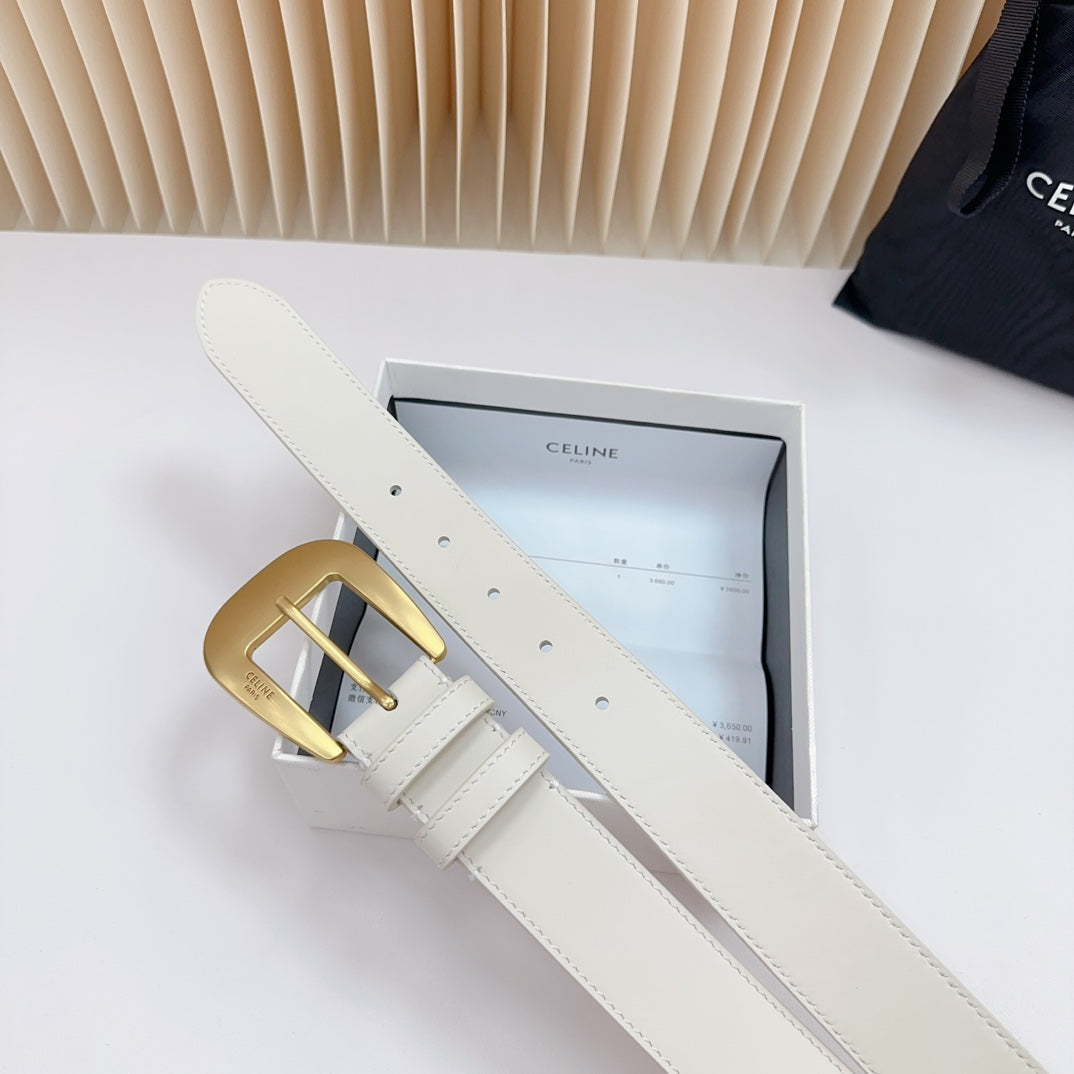 LARGE WESTERN 35 MM BELT WHITE CALFSKIN GOLD HARDWARE - 30