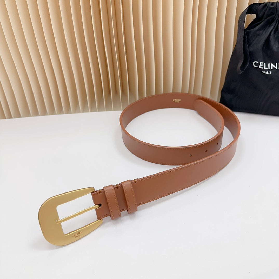 LARGE WESTERN 35 MM BELT BRONZE BROWN CALFSKIN GOLD HARDWARE - 30