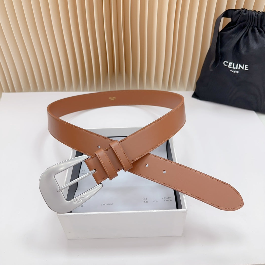 LARGE WESTERN 35 MM BELT BRONZE BROWN CALFSKIN SILVER HARDWARE - 30