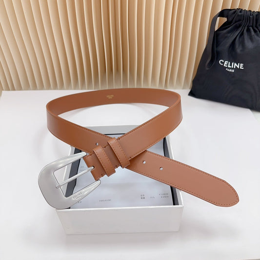 LARGE WESTERN 35 MM BELT BRONZE BROWN CALFSKIN SILVER HARDWARE - 30