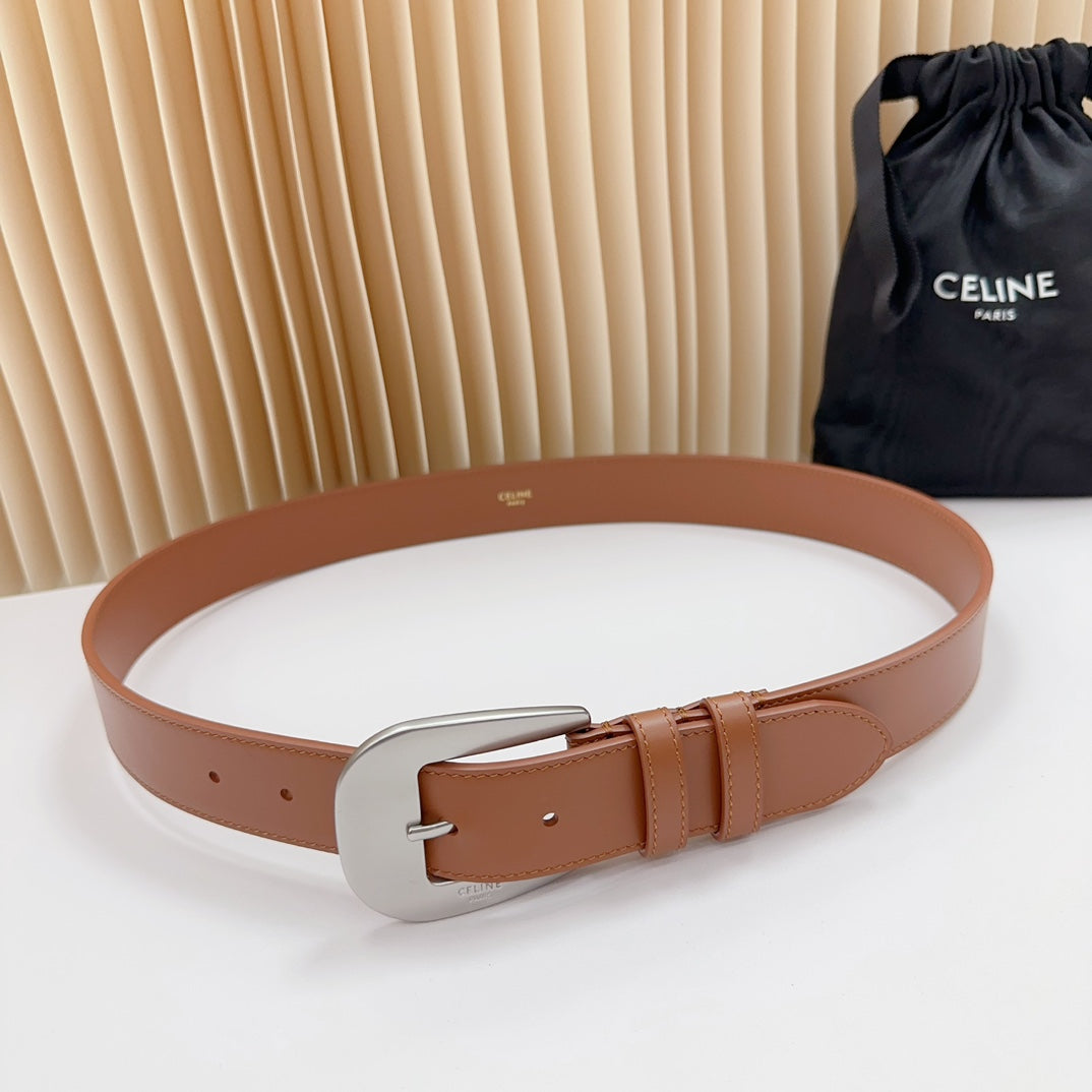 LARGE WESTERN 35 MM BELT BRONZE BROWN CALFSKIN SILVER HARDWARE - 30