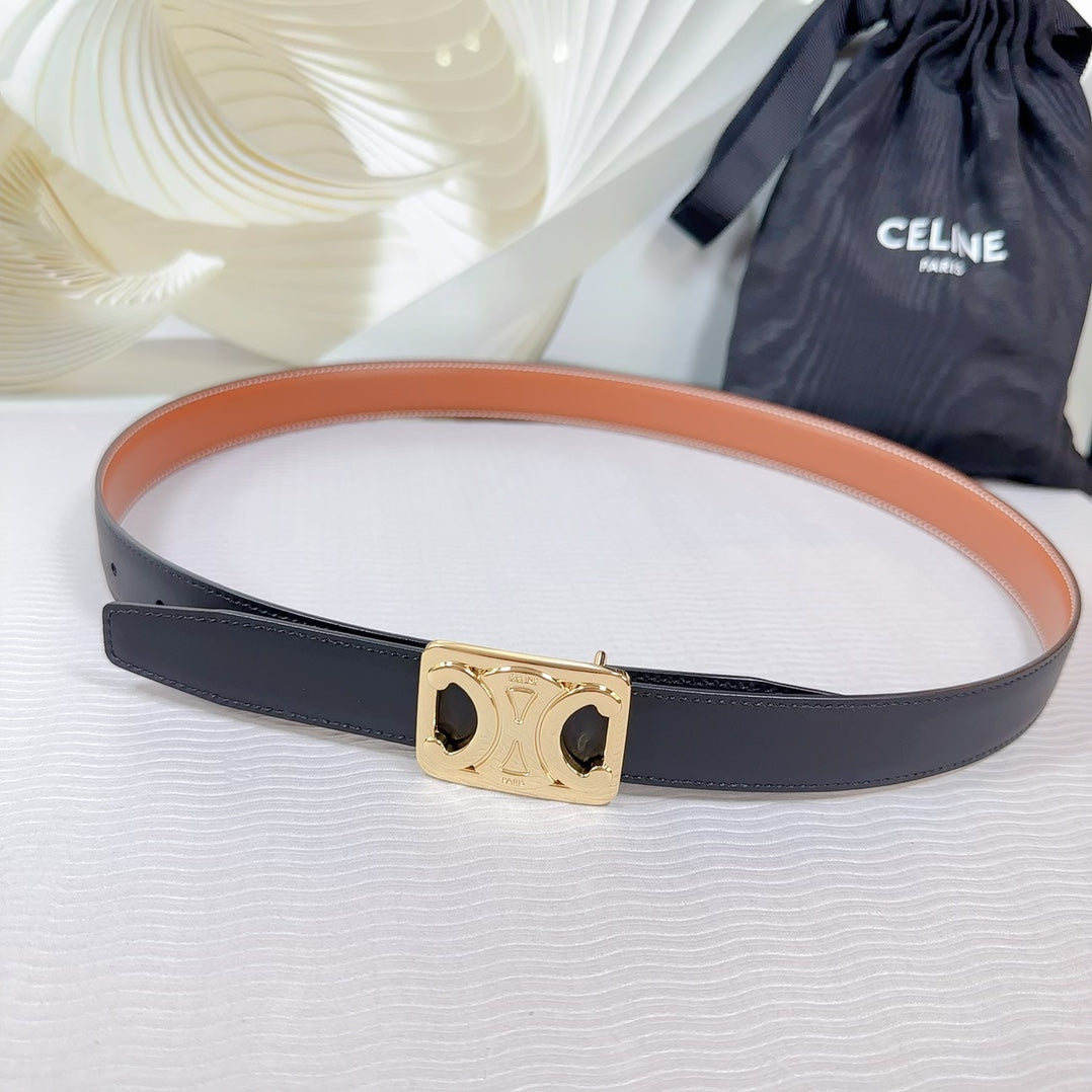 CL MEDIUM 25 MM REVERSIBLE FRAMED TRIOMPHE BELT BLACK AND BRONZE BROWN CALFSKIN LIGHT GOLD HARDWARE - 30