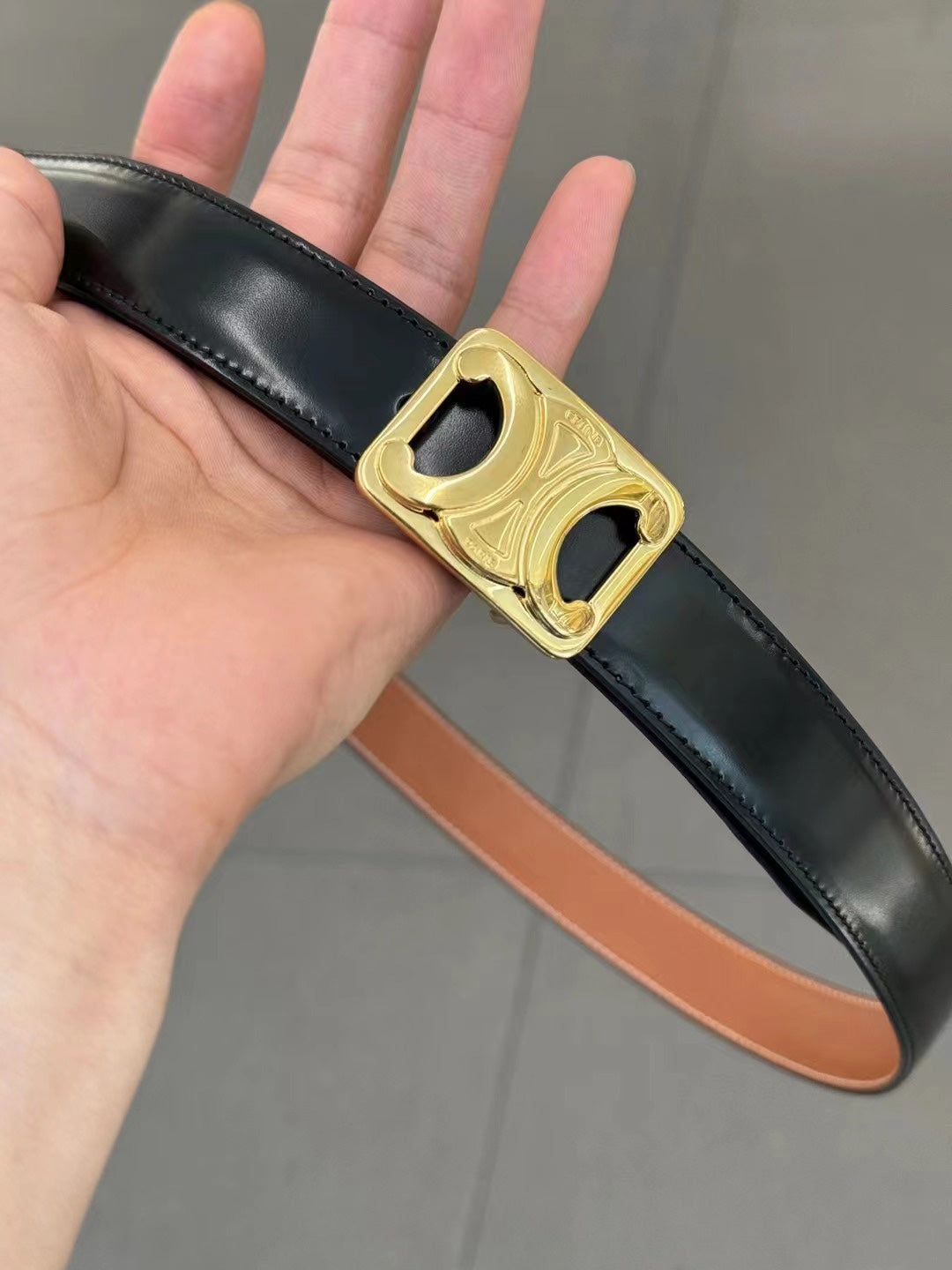 CL MEDIUM 25 MM REVERSIBLE FRAMED TRIOMPHE BELT BLACK AND BRONZE BROWN CALFSKIN GOLD HARDWARE - 30