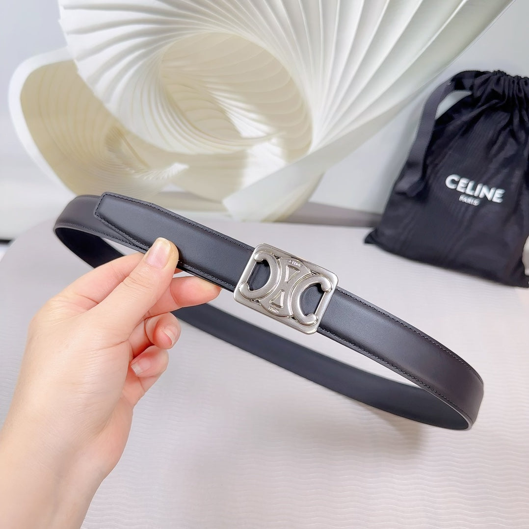 CL MEDIUM 25 MM REVERSIBLE FRAMED TRIOMPHE BELT BLACK CALFSKIN LIGHT SILVER HARDWARE - 30