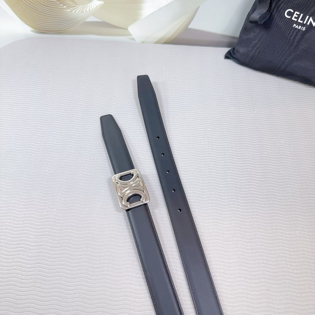 CL MEDIUM 25 MM REVERSIBLE FRAMED TRIOMPHE BELT BLACK CALFSKIN LIGHT SILVER HARDWARE - 30