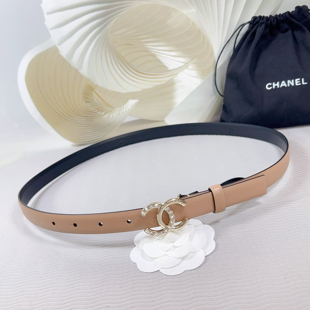 CC BELT 20 MM IN DESERT SAND SMOOTH CALFSKIN GOLD HARDWARE ATTACH RHINSTONE - 30