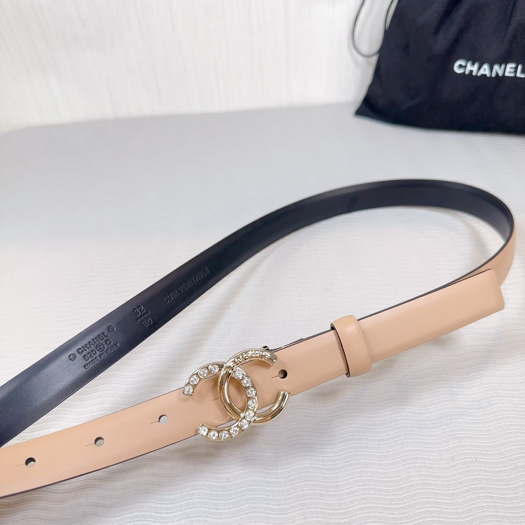 CC BELT 20 MM IN DESERT SAND SMOOTH CALFSKIN GOLD HARDWARE ATTACH RHINSTONE - 30
