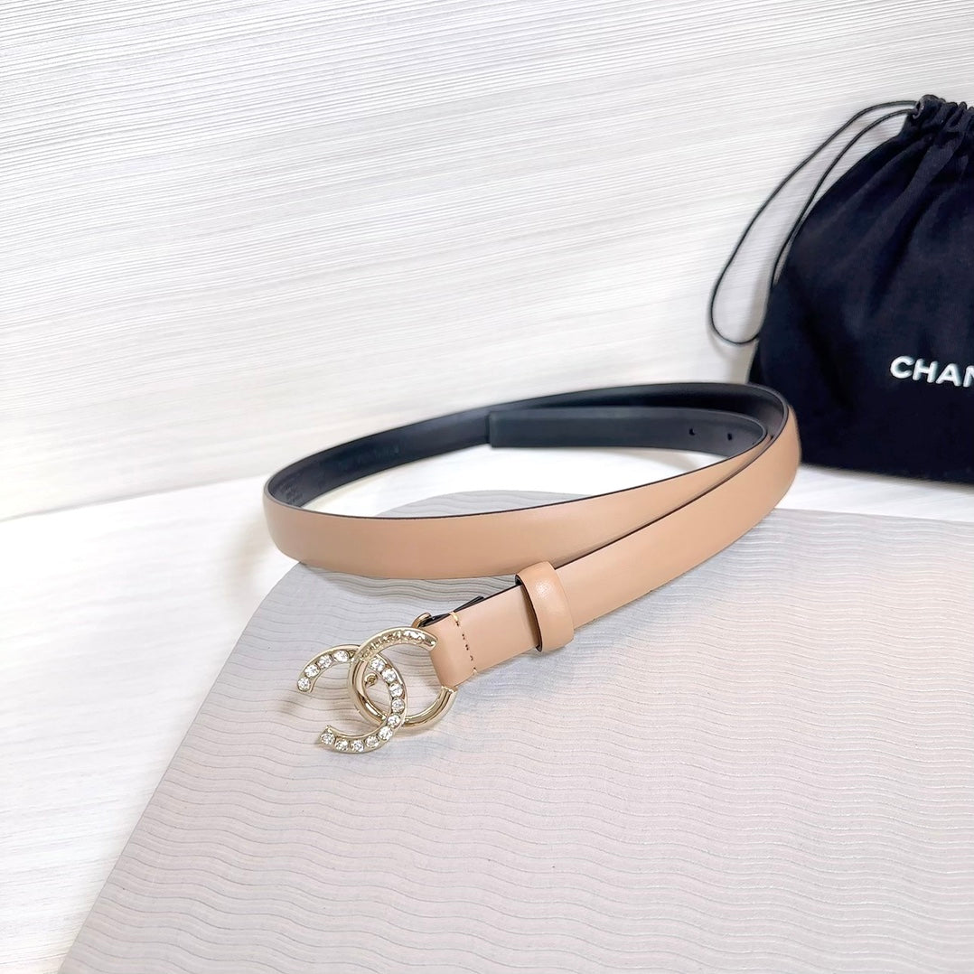 CC BELT 20 MM IN DESERT SAND SMOOTH CALFSKIN GOLD HARDWARE ATTACH RHINSTONE - 30