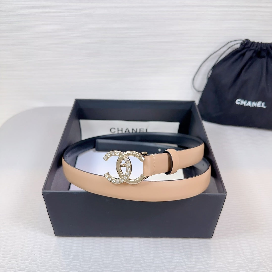 CC BELT 20 MM IN DESERT SAND SMOOTH CALFSKIN GOLD HARDWARE ATTACH RHINSTONE - 30
