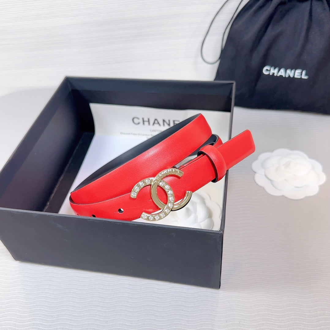 CC BELT 20 MM IN CRIMSON RED SMOOTH CALFSKIN GOLD HARDWARE ATTACH RHINSTONE - 30