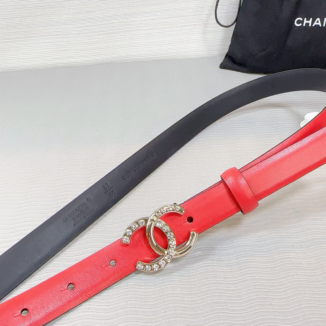 CC BELT 20 MM IN CRIMSON RED SMOOTH CALFSKIN GOLD HARDWARE ATTACH RHINSTONE - 30