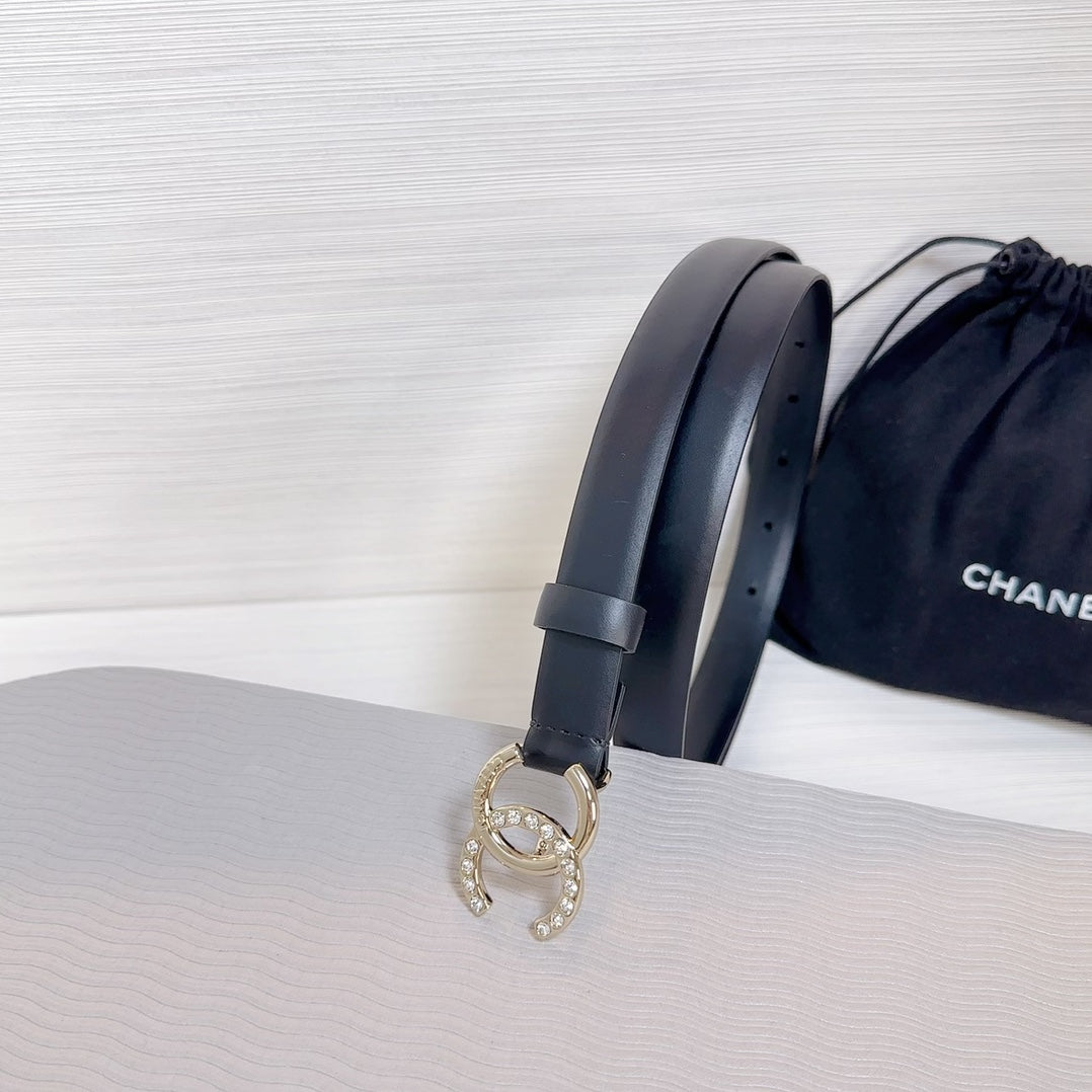 CC BELT 20 MM IN BLACK SMOOTH CALFSKIN GOLD HARDWARE ATTACH RHINSTONE - 30