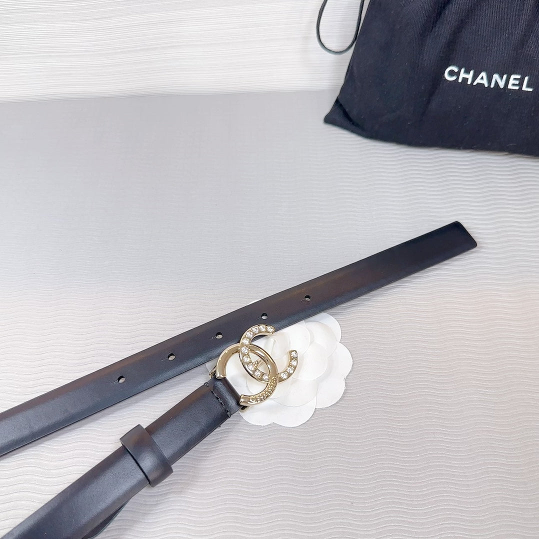 CC BELT 20 MM IN BLACK SMOOTH CALFSKIN GOLD HARDWARE ATTACH RHINSTONE - 30