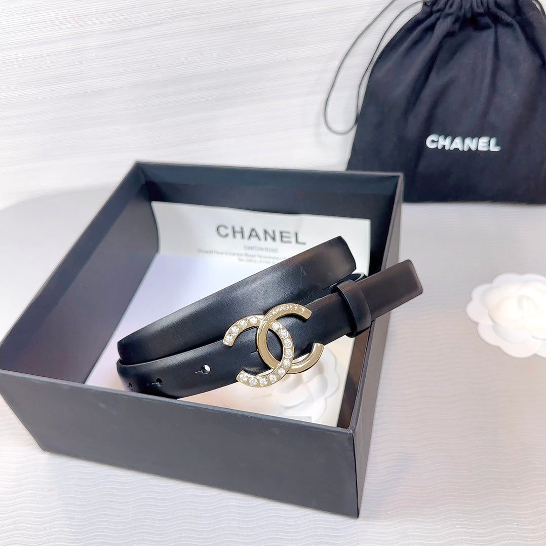 CC BELT 20 MM IN BLACK SMOOTH CALFSKIN GOLD HARDWARE ATTACH RHINSTONE - 30