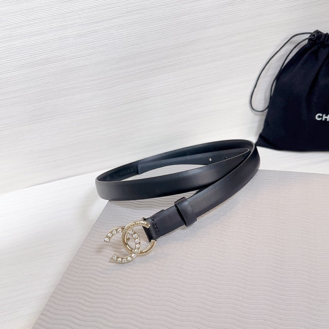 CC BELT 20 MM IN BLACK SMOOTH CALFSKIN GOLD HARDWARE ATTACH RHINSTONE - 30