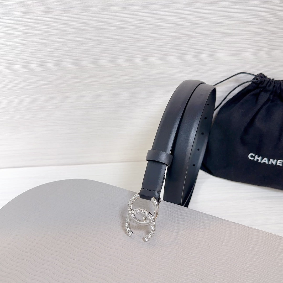 CC BELT 20 MM IN BLACK SMOOTH CALFSKIN SILVER HARDWARE ATTACH RHINSTONE - 30