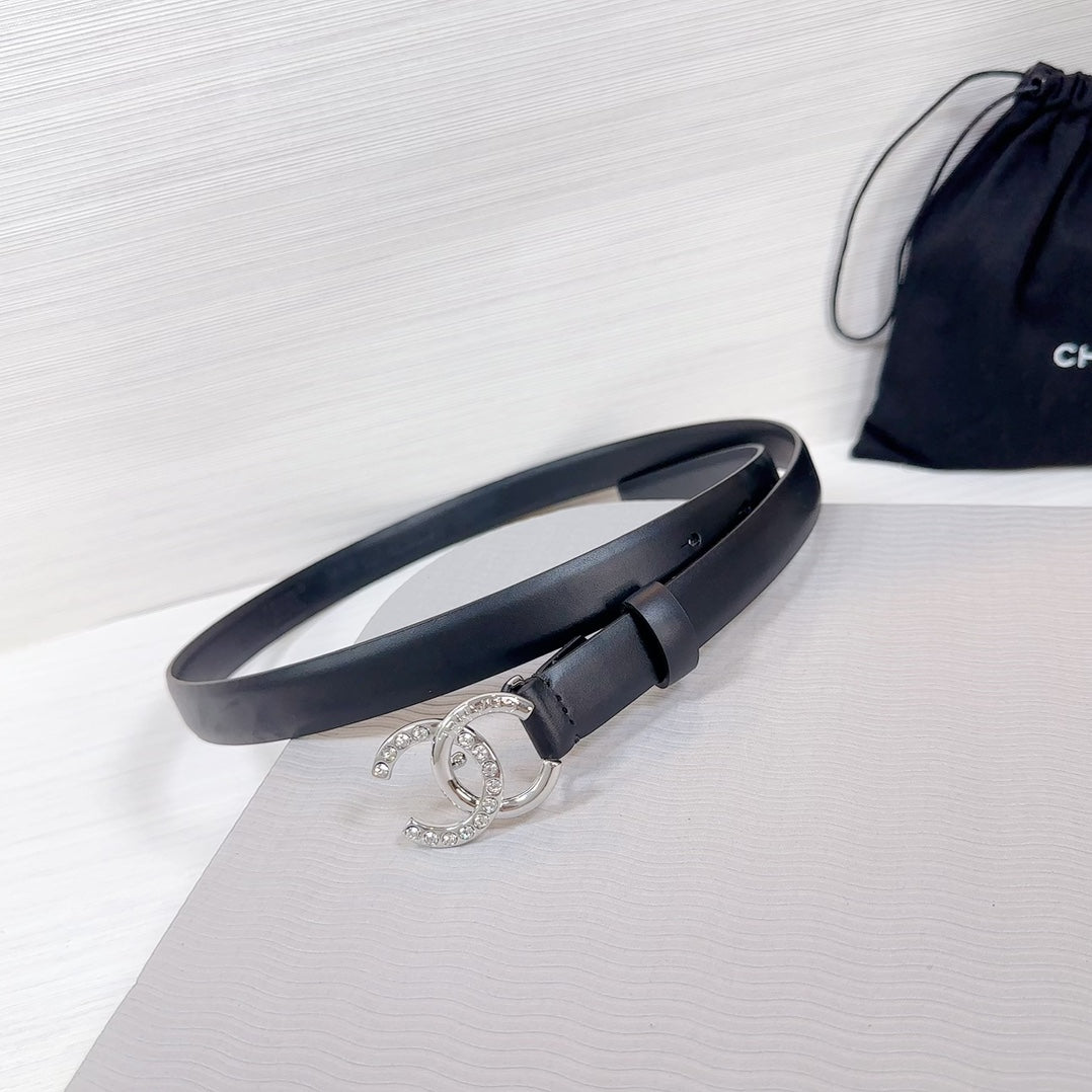 CC BELT 20 MM IN BLACK SMOOTH CALFSKIN SILVER HARDWARE ATTACH RHINSTONE - 30
