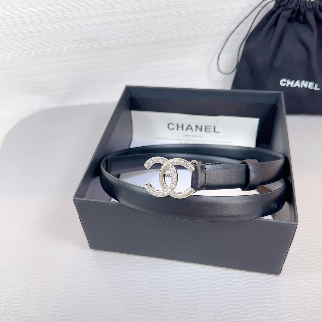 CC BELT 20 MM IN BLACK SMOOTH CALFSKIN SILVER HARDWARE ATTACH RHINSTONE - 30