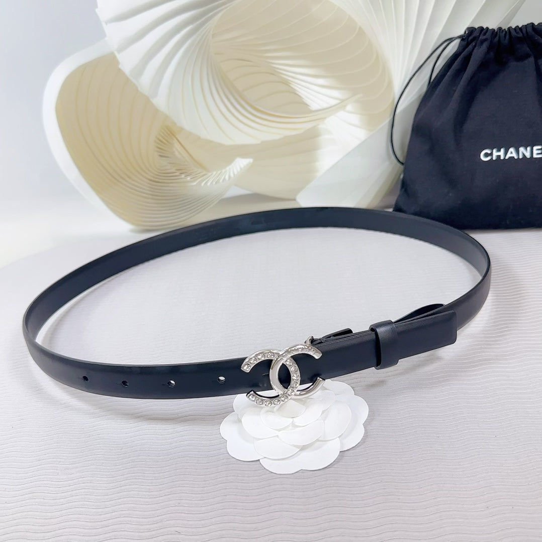 CC BELT 20 MM IN BLACK SMOOTH CALFSKIN SILVER HARDWARE ATTACH RHINSTONE - 30