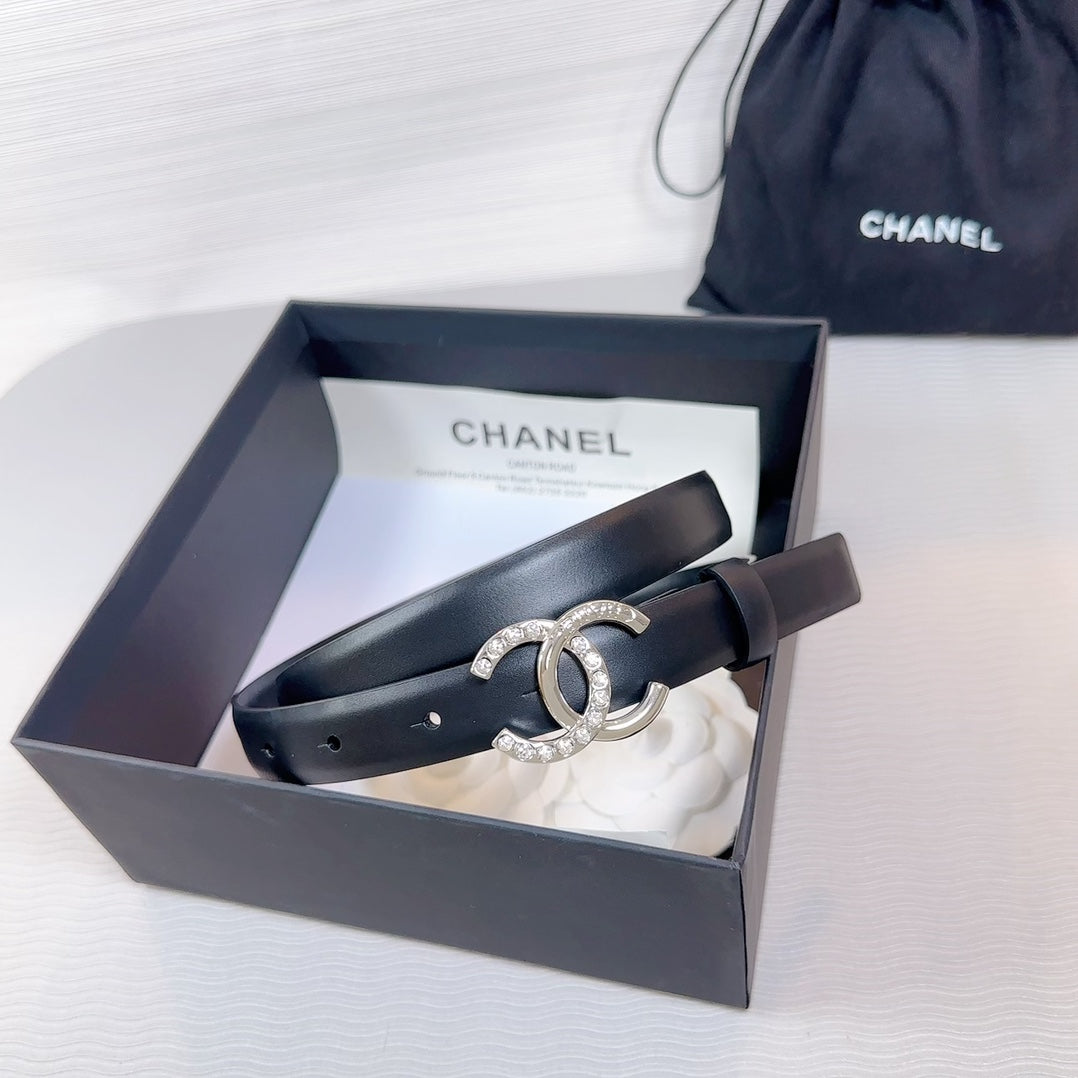 CC BELT 20 MM IN BLACK SMOOTH CALFSKIN SILVER HARDWARE ATTACH RHINSTONE - 30