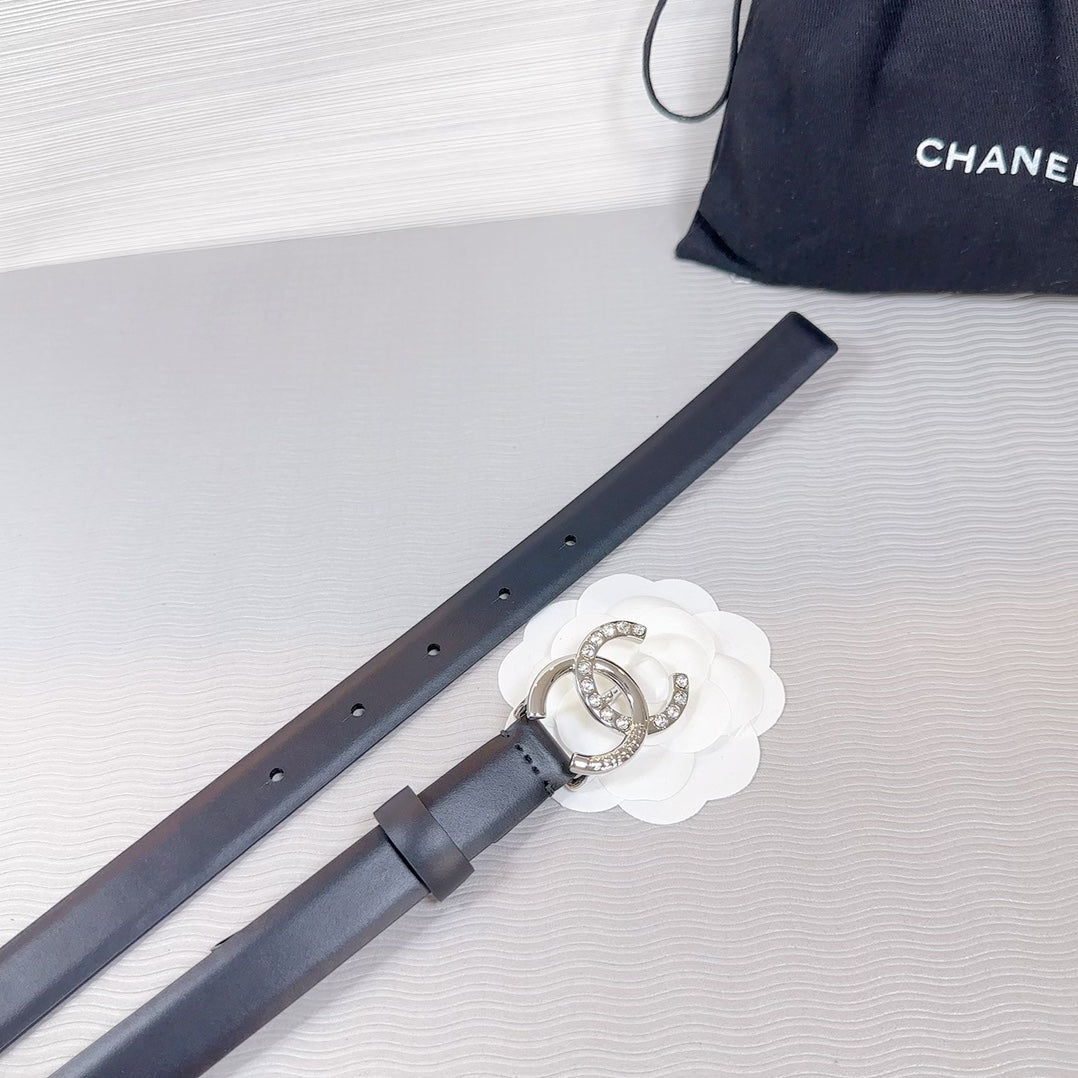 CC BELT 20 MM IN BLACK SMOOTH CALFSKIN SILVER HARDWARE ATTACH RHINSTONE - 30