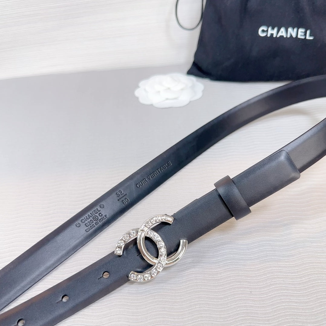 CC BELT 20 MM IN BLACK SMOOTH CALFSKIN SILVER HARDWARE ATTACH RHINSTONE - 30