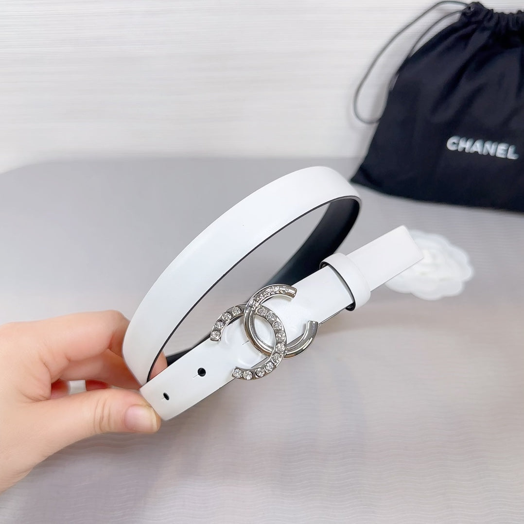 CC BELT 20 MM IN WHITE SMOOTH CALFSKIN SILVER HARDWARE ATTACH RHINSTONE - 30