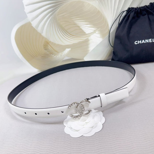 CC BELT 20 MM IN WHITE SMOOTH CALFSKIN SILVER HARDWARE ATTACH RHINSTONE - 30