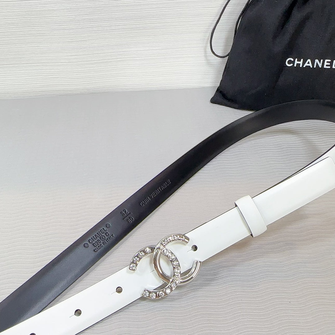 CC BELT 20 MM IN WHITE SMOOTH CALFSKIN SILVER HARDWARE ATTACH RHINSTONE - 30