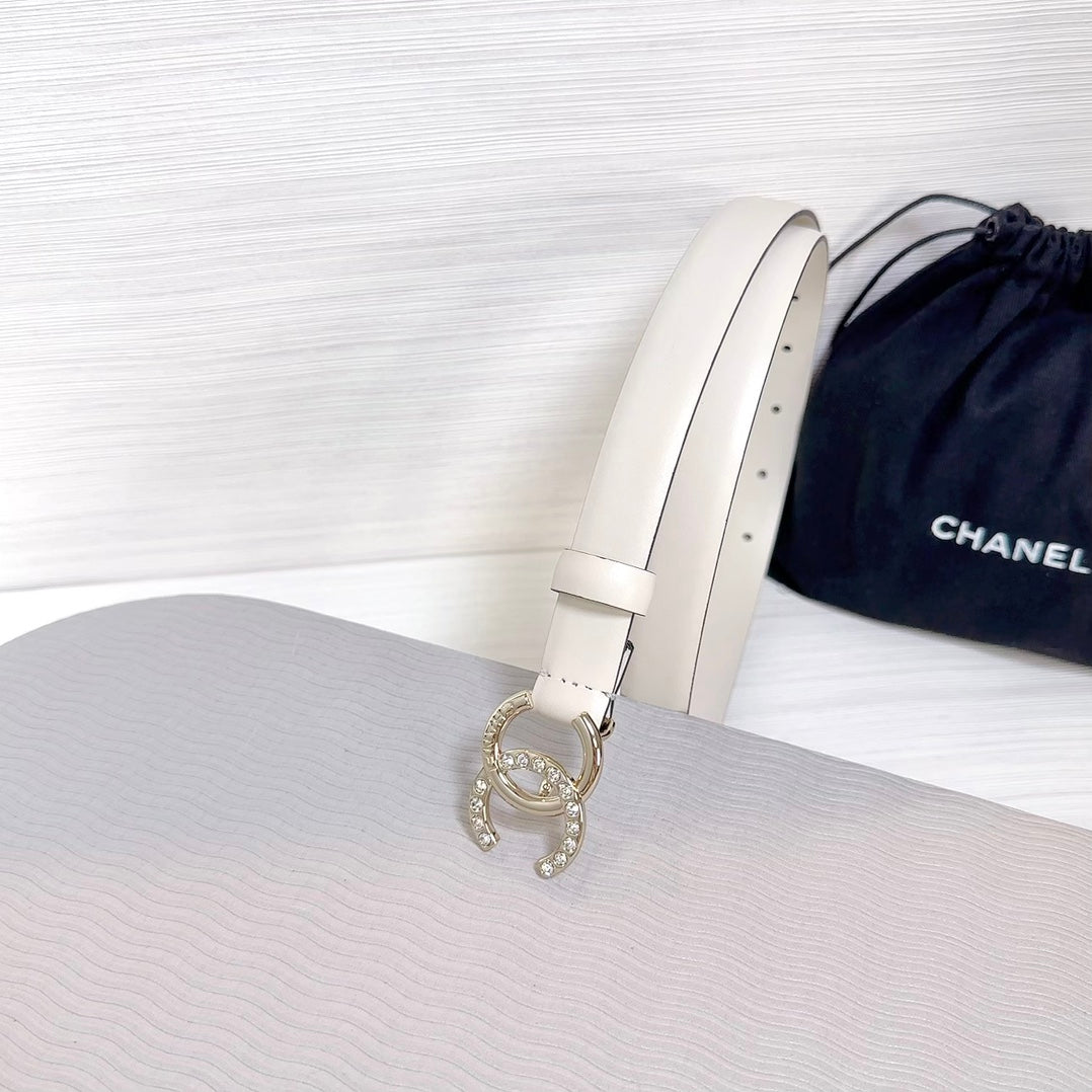 CC BELT 20 MM IN BEIGE CREAM SMOOTH CALFSKIN GOLD HARDWARE ATTACH RHINSTONE - 30