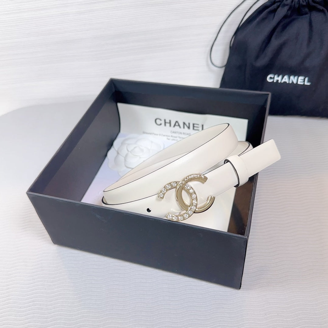 CC BELT 20 MM IN BEIGE CREAM SMOOTH CALFSKIN GOLD HARDWARE ATTACH RHINSTONE - 30