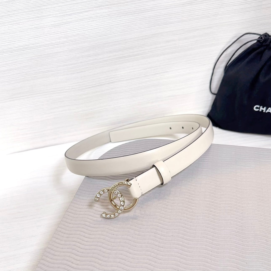 CC BELT 20 MM IN BEIGE CREAM SMOOTH CALFSKIN GOLD HARDWARE ATTACH RHINSTONE - 30
